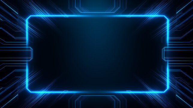 A glowing rectangular blue frame with integrated circuit board patterns dynamically highlights a dark, technology-driven background.