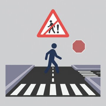 Warning Sign for Pedestrian Safety Shows Pedestrian Crossing a Road With Jaywalking Notice and Stop Sign in Urban Setting
