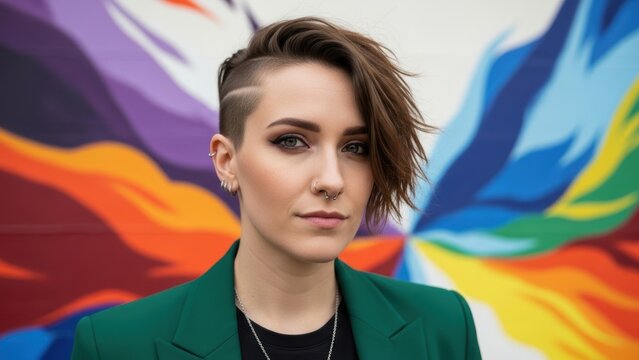 Portrait of a confident woman with a stylish undercut hairstyle and piercings against a colorful mural.
