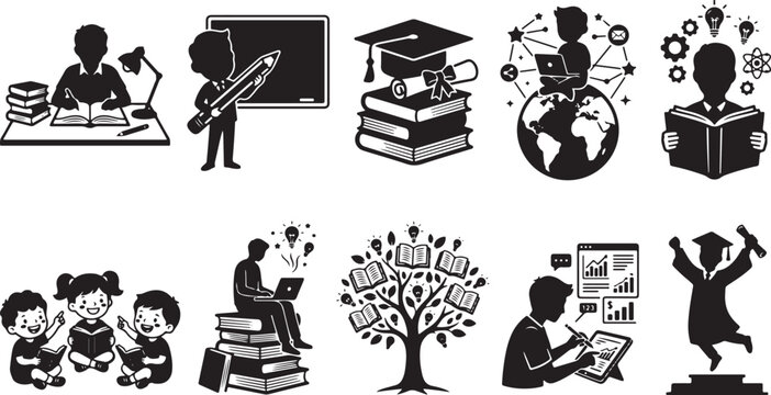 Education Learning Icon Set, Student Studying, Graduation Cap, Online School, Global Education, Knowledge Tree, Creative Thinking, Academic Success, Classroom Lesson, Book Library.