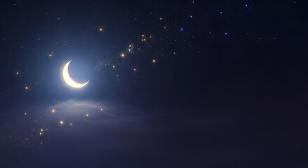 Naklejka premium Serene crescent moon in a dark night sky with sparkling stars