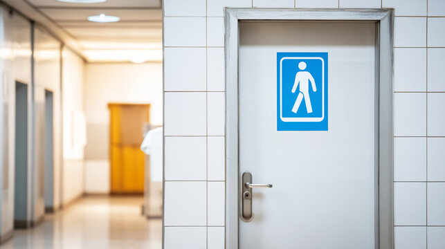 Urgency symbol with person crossing legs on restroom door, indicating need for toilet in public facility