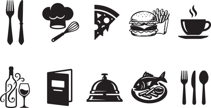 Restaurant and Food Service Icon Set, Chef Hat, Pizza Slice, Burger and Fries, Coffee Cup, Wine Bottle, Menu, Service Bell, Seafood.