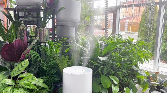 humidifier moistens dry air, purifying it and adding moisture. Houseplants thrive. A concept for plant care in urban environments.