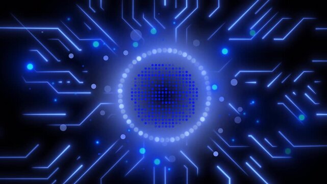 Futuristic blue neon circuit board background with central digital core and particle flow. Abstract high-tech motion graphics for video production.