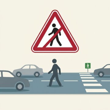 Pedestrian Jaywalking Warning Sign With Cyclist and Pedestrian in a Busy Road Setting During Daytime