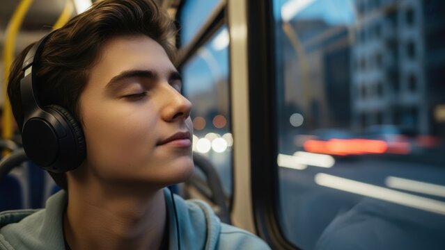 Teenage boy with eyes closed, enjoying music on headphones while on a bus at night.