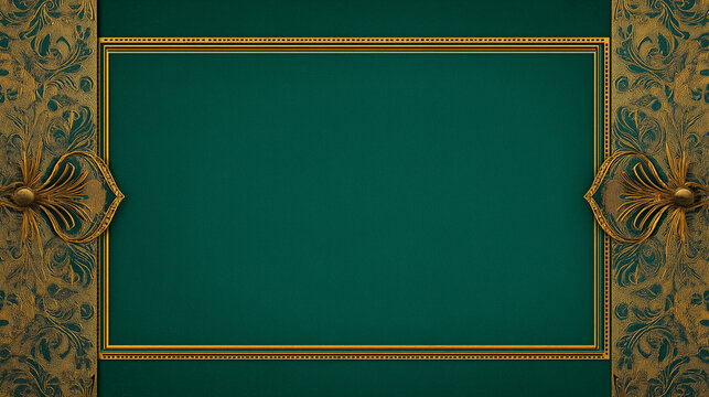 A grand dark green textured backdrop showcasing a central golden-framed rectangular panel surrounded by elaborate golden patterns on the sides.