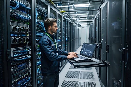 A Large Modern Data Center with an IT Engineer or Technician Analyzing Configuring & Monitoring Infrastructure Data on Laptop Directly in Room of Rows of Server Racks Cloud Computing AI Infrastructure