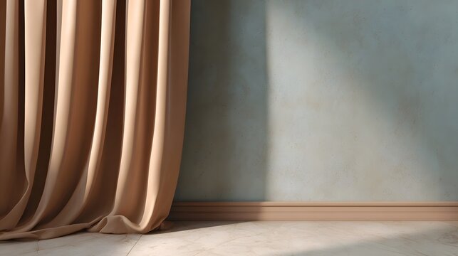 Luxurious beige drapery hangs in front of a textured wall dramatically illuminated by strong natural light and defined shadows