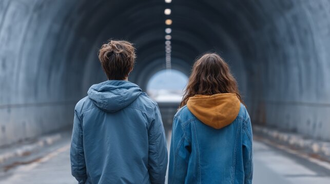 Two People Standing at the Entrance of a Long Tunnel in a Gray Environment