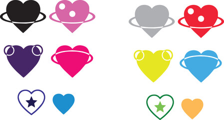 Colorful heart icons with planetary rings a diverse collection of heart shaped designs © Taslima