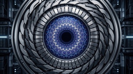 Fototapeta premium Intricate metallic circular structure with a mesmerizing blue kaleidoscopic pattern at its center