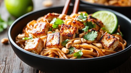 Fototapeta premium Savory noodle dish with fried tofu and lime garnish