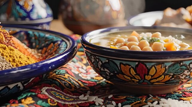 Assortment of Spices and a Bowl of Soup in Traditional Bowls.