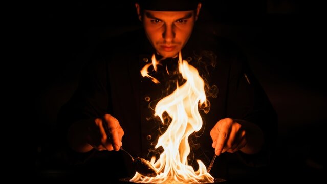 Chef creating a tower of fire in a pan in a dark kitchen.