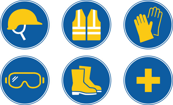 Safety Equipment Icons Set &ndash; Helmet Vest Gloves Goggles Boots First Aid Protection Symbols