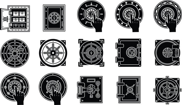 Safe lock icons set, security storage, combination dial, wheel mechanism, open door safe, banking protection illustration design