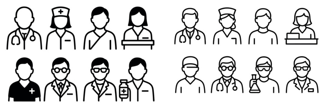 Healthcare personnel icons with doctor nurse scientist outline