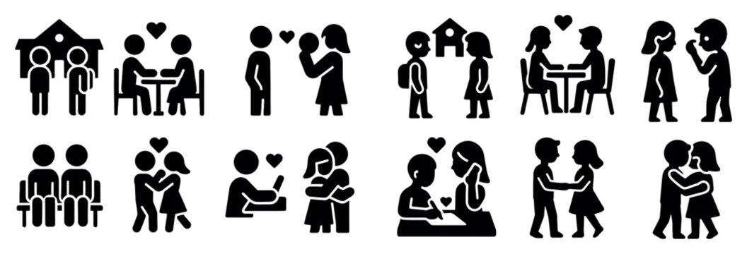 Romance icons with couple heart table flat minimal
