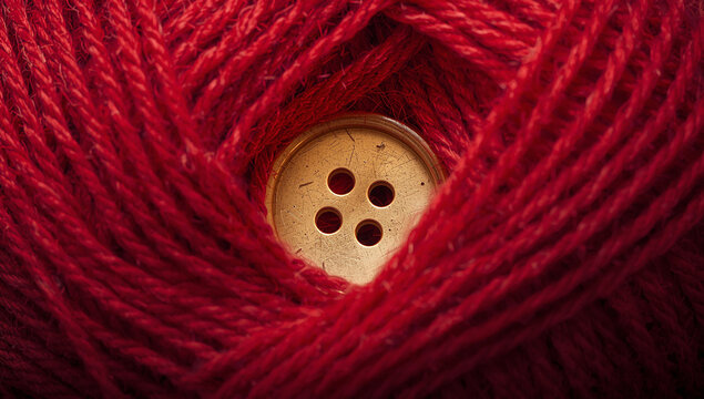 Red yarn spool with hidden button macro close up textile concept