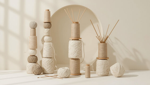 Modern knitting tools and yarn spools arranged in elegant minimal studio composition
