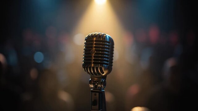 Vintage silver microphone stands on stage bathed in warm spotlight glow for live music performance
