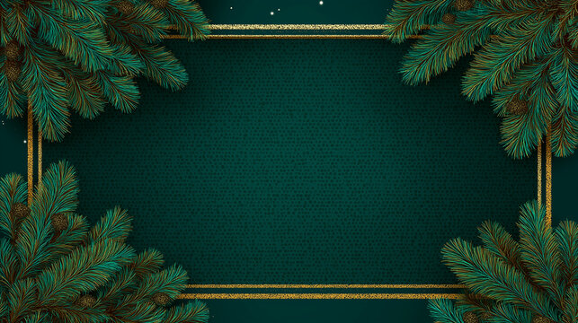 A festive dark green textured background framed by a golden line, beautifully adorned with lush pine tree branches in each corner.