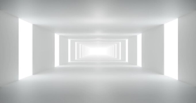 Minimalist white futuristic tunnel with light panels looping animation
