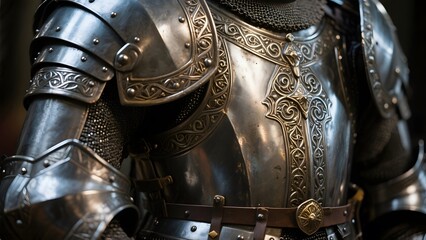 Naklejka premium Close-up of intricately decorated historical knight's armor with detailed metalwork and engraving
