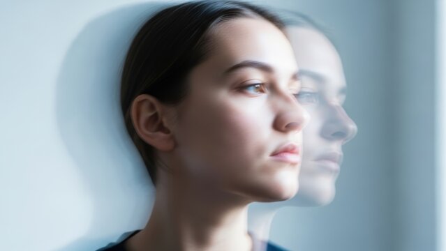 A blurry, double-exposure style portrait of a young woman's face.