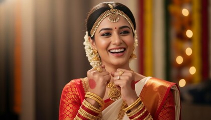 Obraz premium Portrait of a beautiful indian woman in traditional bridal attire