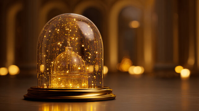 Product inside a glass dome with golden light accents. 