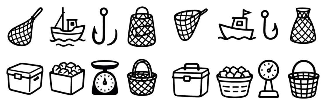 Fishing icons with boat hook net outline