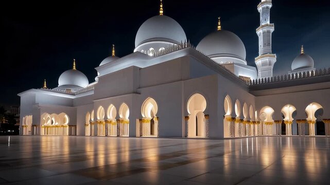 Sheikh Zayed Grand Mosque exterior at night, reflecting its white domes and golden arches in the water, celebrating Islamic traditions and new beginnings