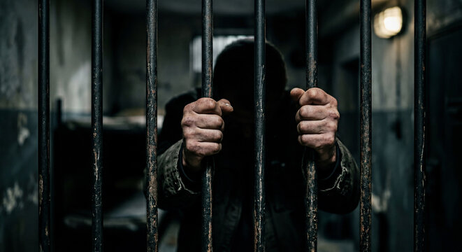 prisoner's hands behind bars with black background