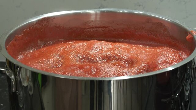 Footage of tomatoes being cooked for canning.