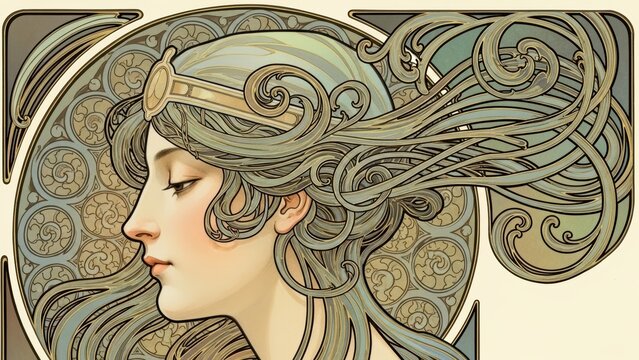 Art Nouveau illustration of a woman in profile.