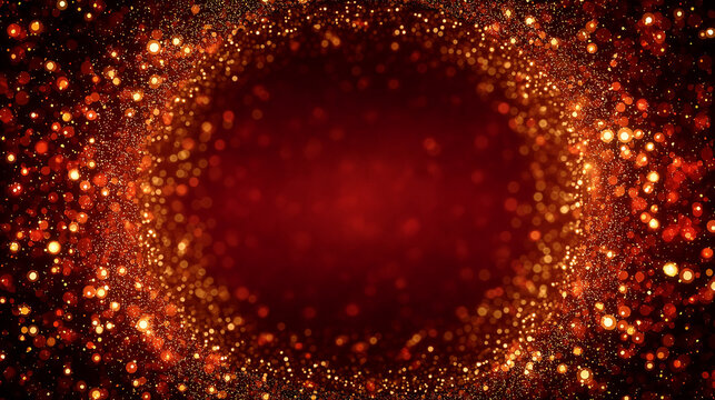 A magnificent circular frame of sparkling golden particles and red bokeh lights against a textured red background.