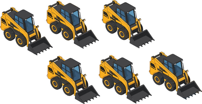 Skid steer loader vector set with construction machinery and front loader equipment