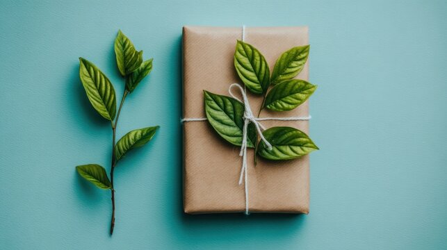 Rectangular package wrapped in brown material adorned with green foliage rests beside a single plant stem on a cool blue surface