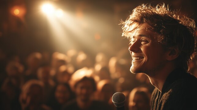 Male performer feeling the joy and passion on stage. Smiling while singing into a microphone under a warm spotlight during a live music concert or stand-up comedy show