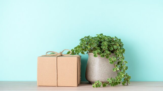 Simple brown cardboard gift package rests beside a potted green houseplant against a light blue background