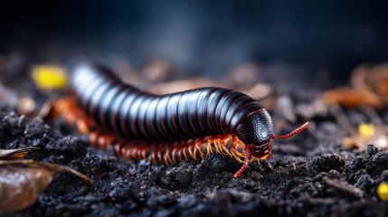 Fototapeta premium Glossy Segmented Millipede Coiling on Ground with Natural Background Elements