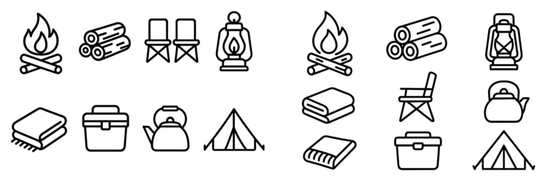 Camping icons with tent lantern kettle minimal