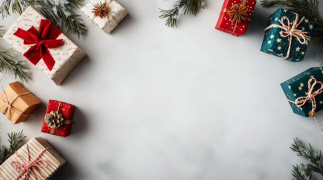 A festive array of colorful Christmas presents and green pine branches frame a white textured background, ready for holiday greetings.