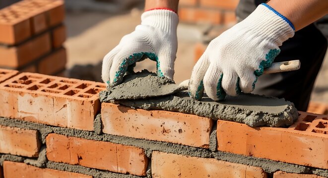 Hands in gloves applying mortar to bricks