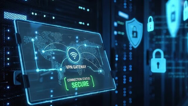 Secure Connection: VPN gateway interface in remote network with floating shield and lock icons
