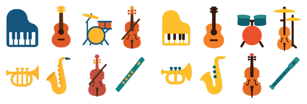Music icons with piano guitar and drums colorful