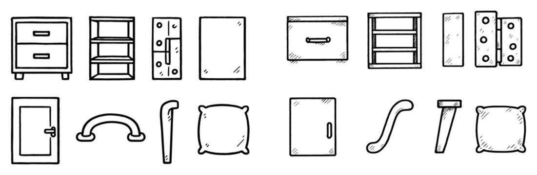 Furniture hardware icons with drawer hinge door outline